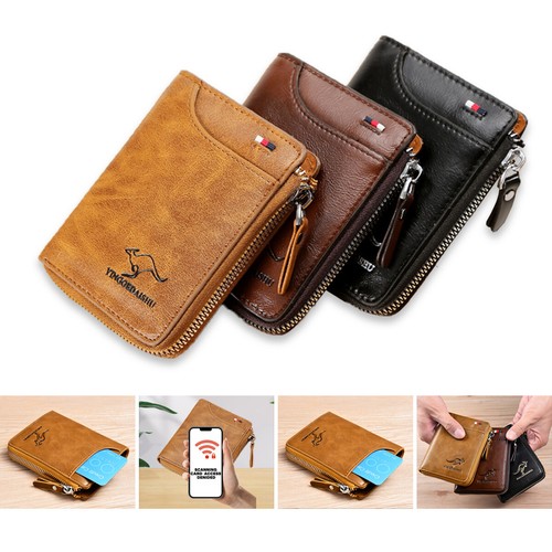 Cartera de cuero con bloqueo RFID para hombres Portatarjetas de crédito Cartera con cremallera Impermeable - Imagen 3 de 18