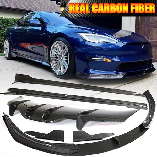 For Tesla Model S Plaid Front Bumper Lip Rear Diffuser Side Skirts REAL CARBON - Picture 1 of 16