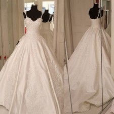 A Line Spaghetti Straps Lace Wedding Dresses Ivory Satin Sleeveless Bridal Gowns