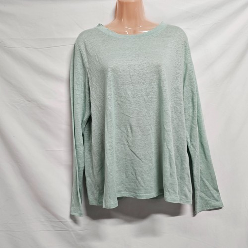 Eileen Fisher Women Org Linen Top Blouse Shirt Size L Green Round Neck Long Slee