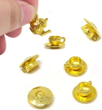 Teacup Charm Gold Tea Time Teapot Pendant Set Wonderland jewelry 