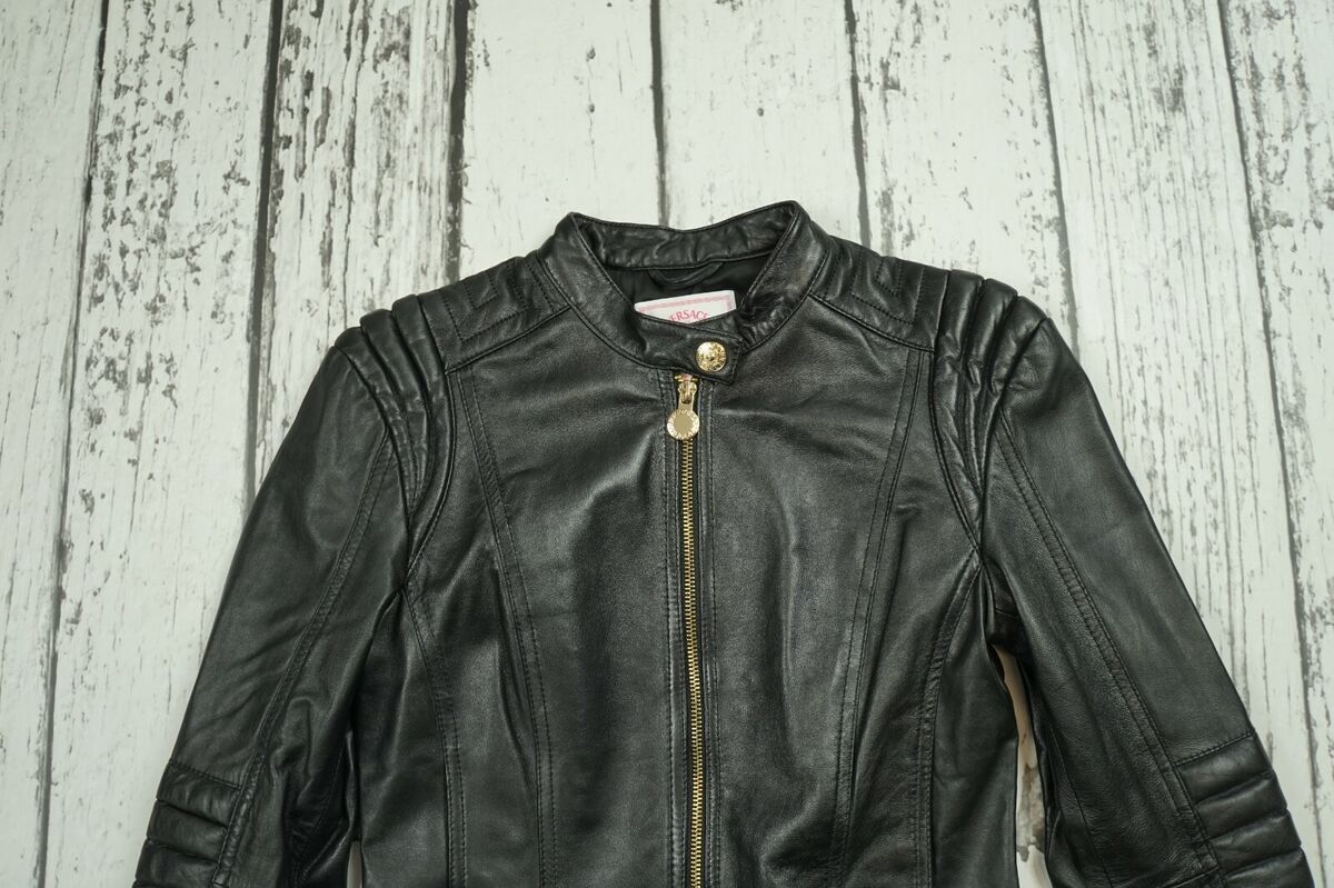 【238】VERSACE for H＆M ライダースジャケット レディース VERSACE For H&M Black Biker Gold Studded Zipper Leather