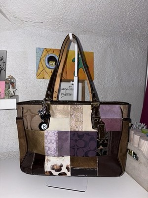 Coach Large Patchwork Tote Brown Purple Beige Gold Zip Turn Lock Bag Charm