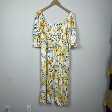 Gap Prairie Maxi Dress Petite L Cream Yellow Floral Linen Blend Cottagecore Puff