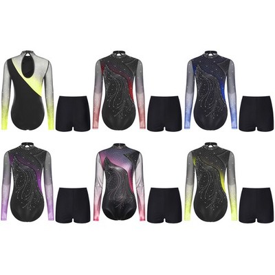 Women Set Salsa Dancewear Stage Performance Outfits Figure Skating Rhinestone