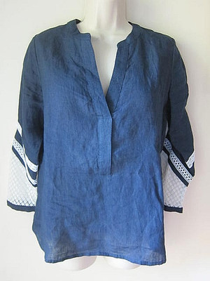 NWOT Roberta Roller Rabbit Navy & White Linen Fitted Top w/Crochet 3/4 Sleeve S