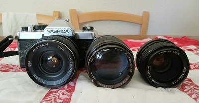 Yashica FX-7 (?) 35 mm  Film Camera with 28mm, 50mm and 135mm Prime Lenses, Case