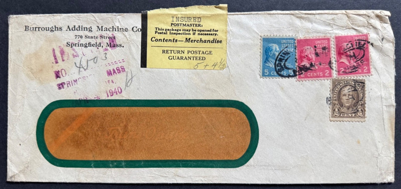 AtoZ. 1940 9.5c Using Prexies Insured Mail