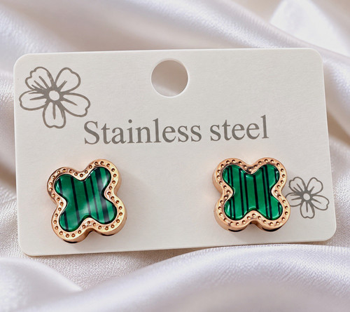 Glimsio Green Clover Stud Earrings Rose Gold Tone Stainless Steel New