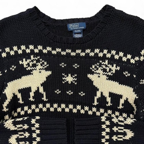 VTG Polo Ralph Lauren Sweater Youth XL Black Cotton Reindeer Knit Fair Isle 90s