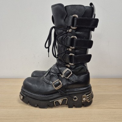 New Rock Reactor halbhohe schwarze Lederstiefel mit klobigem Absatz UK 9,5 EU 44