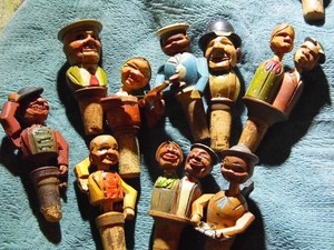 9 Antique german Animated Wine Cork Bottle Stoppers Hand Carved 