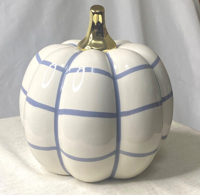 Collectible Ceramic Pumpkin Blue & White Plaid with Gold Stem 7x7x8.5 Fall Decor
