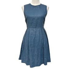 Gap 100% Linen Dress Blue Tailored Fit Flare Size 0 Sleeveless Pleated Pockets