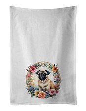 Fawn Pug and Flowers Kitchen Towel Set of 2 White Dish Towels Decorative