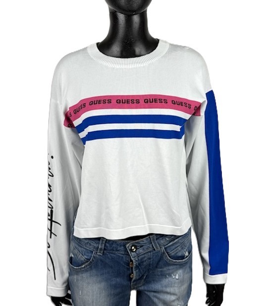 Guess Maglione Donna Taglia M Bianco Cropped Righe Logo Be Authentic Cotone