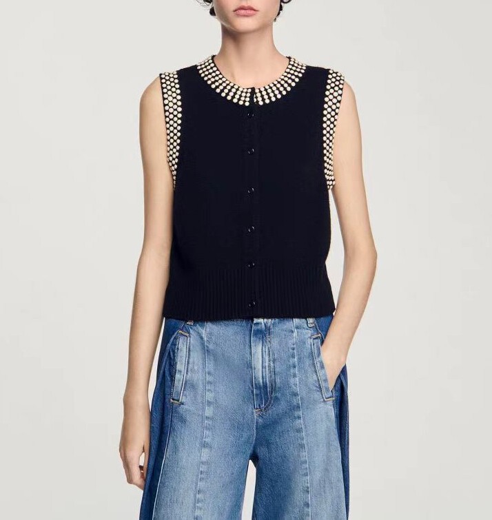 Women Sandro Round Neck Pearl Embellished Knit Tank Top