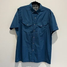 KUHL Mens Blue Button Down TShirt Sz M Flaw On Back Collar Fishing Hunting Plaid