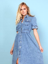 Womens Cotton Denim Dress Casual Shirt Dresses Midi 8 10 12 Denim Blue New