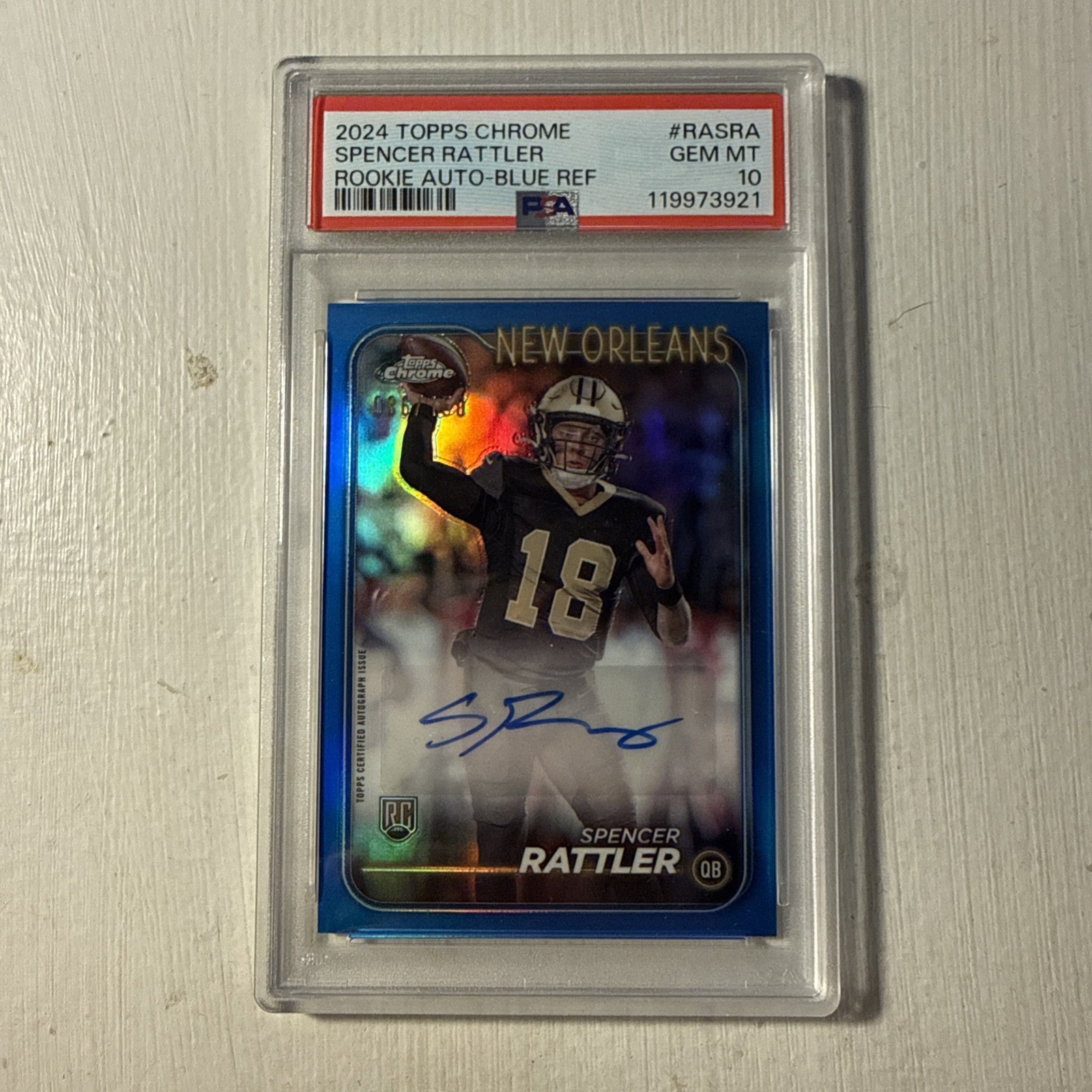 2024 Topps Chrome Football Spencer Rattler Blue Refractor RC Auto 036/150 PSA 10