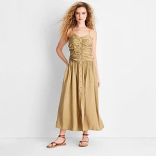 Women's Ruched Midi Tank Dress - Future Collective Khaki M: Lightweight Rayon,