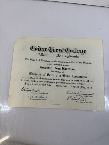 Allentown, PA Cedar Crest College Bachelor Of Science Home Economic Diploma 1943