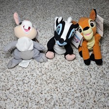 Disney Store Beanie Babies: Bambi, Thumper, Flower. Beanie Lot Of 3 Plush w/Tags