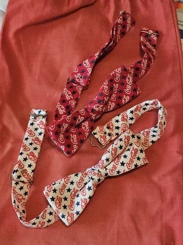 2 Vtg Coca Cola Script Pre-Tied Bow Tie Adjust Neck White & Red W Blue Stars