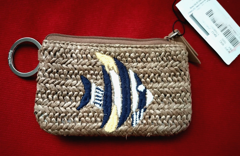 VERA BRADLEY Straw Zip ID Case Warm Stone Embroidered Angel Fish NWT