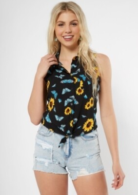 Rue 21 Women's Black Sunflower Butterfly Print Button Down Tie Front Tank LARGE 