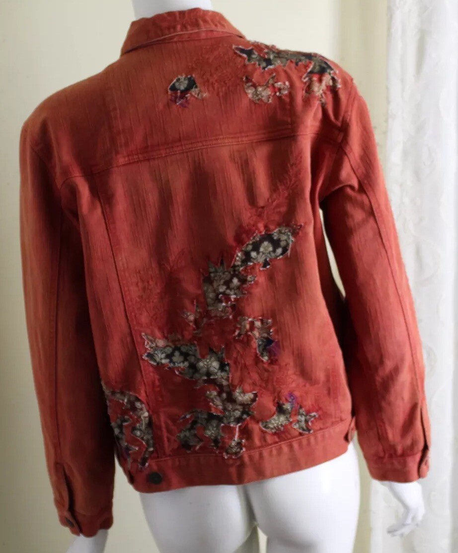 Chico's 0 Rust Red Asian Patchwork Art-to-Wear Stretch Floral Jean