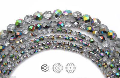Czech Fire Polished Round Faceted Glass Beads in Crystal Vitrail Med.coated, 16''