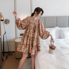 Damen Blumenprint Kleid Langarm Loose Boho Puffärmel Oversized Gelb Minikleid