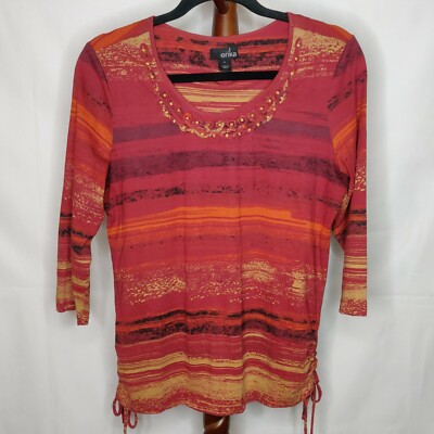 Erika womens M t-shirt red multicolor beaded scoop neck 3/4 sleeve ties on sides