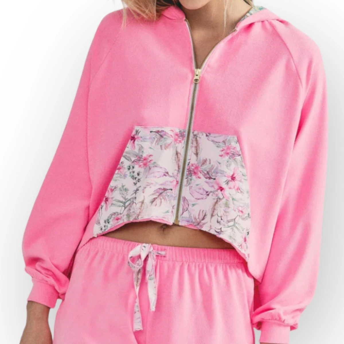 LoveShackFancy x Hurley Hoodie Hawaiian Hibiscus Pink Terry Zip Up Medium New