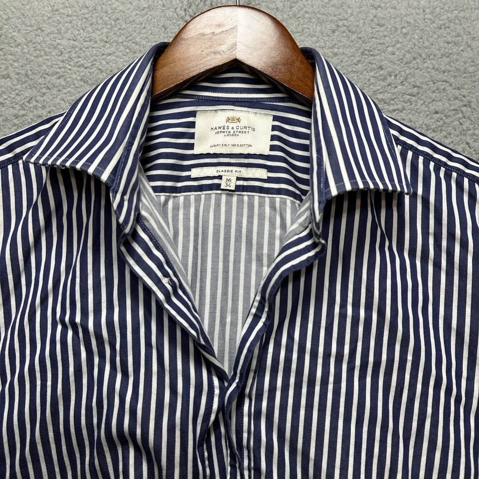 Camisa de vestir HAWES & CURTIS puño francés para hombre 16/34 calce clásico azul blanco a rayas Foto 3 de 4