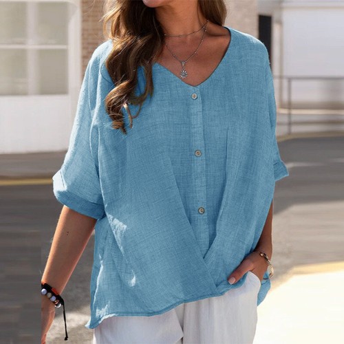 US Women's Cotton Linen Casual Blouse Baggy Ladies T-Shirt Top Summer Tunic Plus - Picture 12 of 18