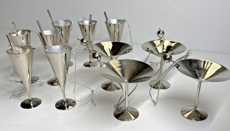 Vintage Stainless Steel Cocktail  Martini Glasses  Christmas Ornaments Lot Of 11