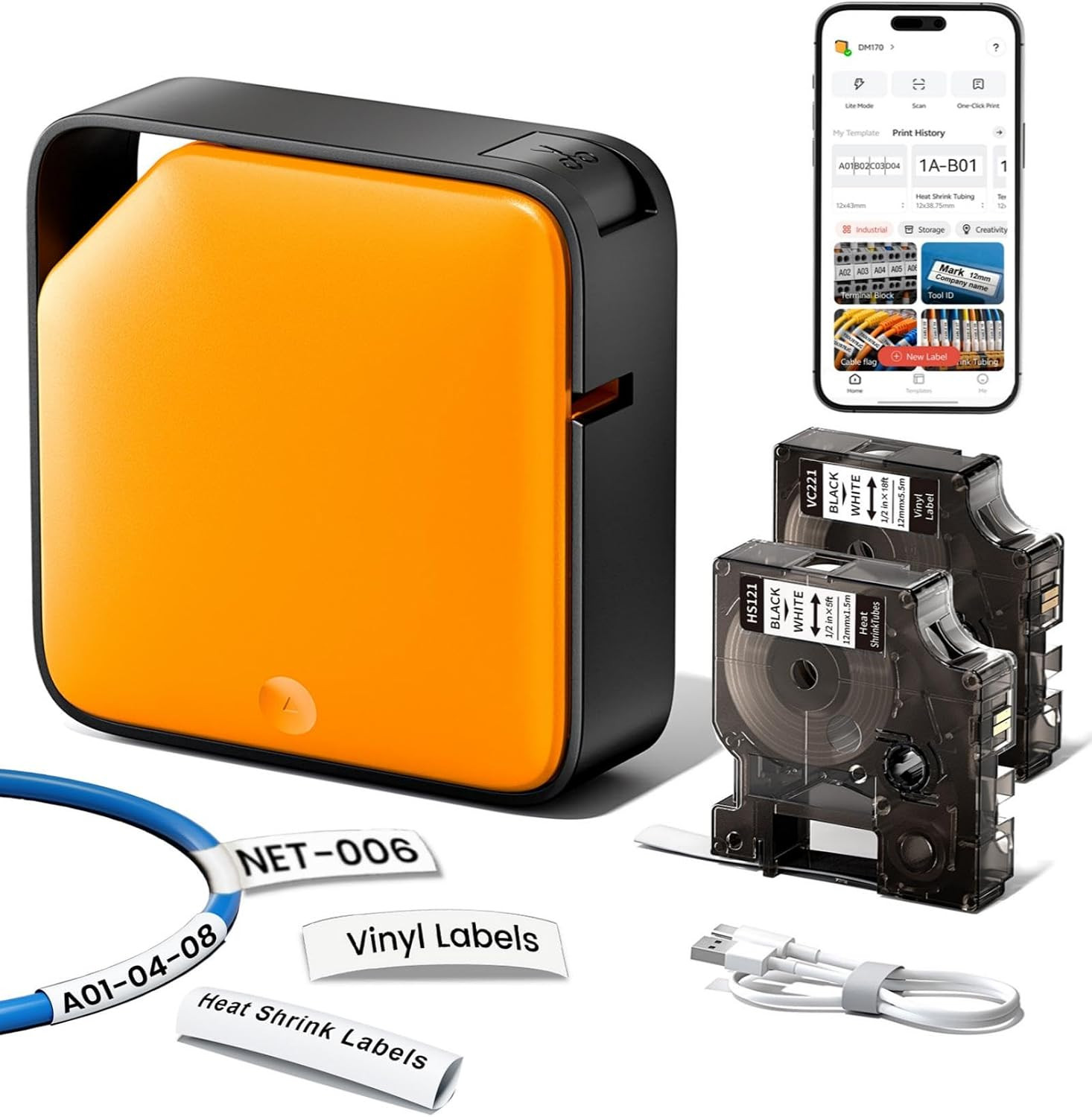 Heat Shrink Wire Label Maker, Industrial Label Printer Bluetooth & Portable