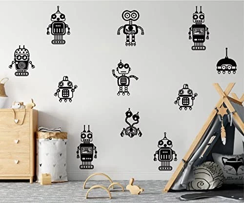 8 Robots Wall Decals for Kids Room Boys Bedroom Decor Geometric Wall Black - Image 3 of 4