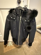 MOOSE KNUCKLES Down Debbie Bomber Jacket Size S/P Blue Fox Fur Pom Poms