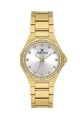 Womens 32mm Quartz Watch Steel Strap Gold Gemstone Encrusted Bezel