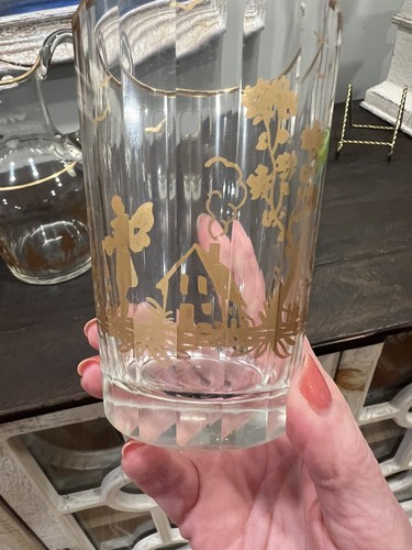 Rare Antique German Bohemian Gold Gild Facet Glass Tumblers & Pitcher Set 5 Pcs - Picture 4 of 24