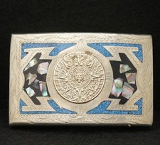 WB15119 COOL VINTAGE 1970s ABALONE INLAY  MAYAN CALENDAR  ARTWORK BELT BUCKLE
