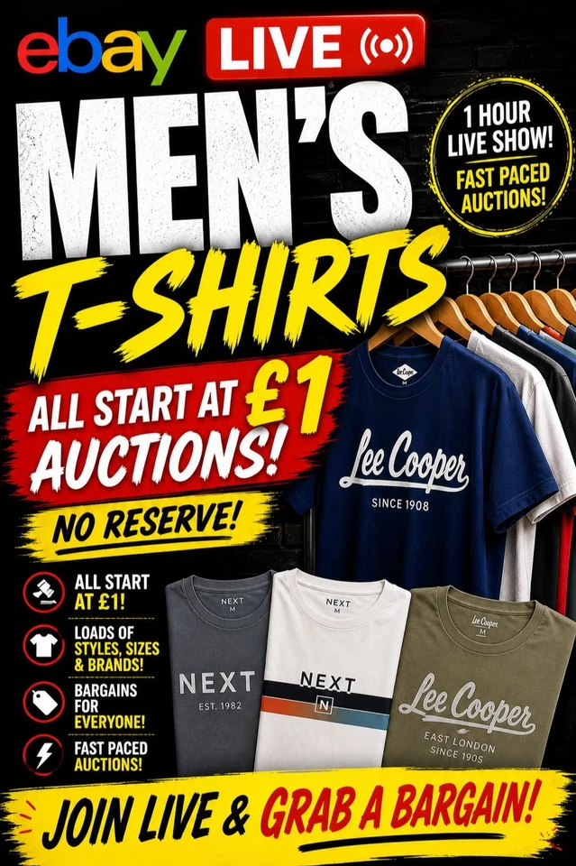 ALL T-SHIRTS £1 START 🚨 MEN’S LIVE AUCTIONS – NO RESERVE!