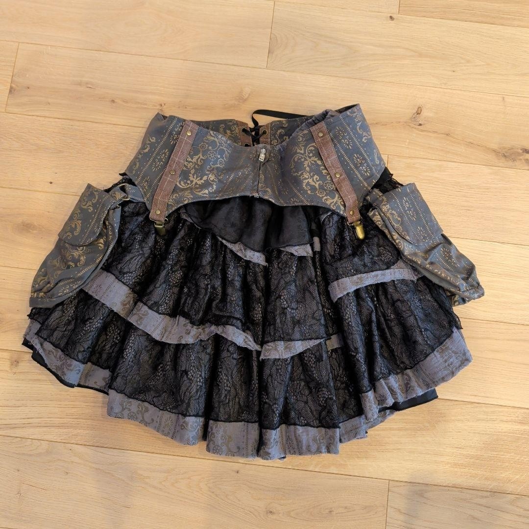 は*ん様 【Y2K】h.naoto アシンメトリックブラックキャミソール h.NAOTO Steam Steampunk Flare Skirt Black & Gray Elastic Waist