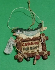 Christmas Fishing Ornament Sign: "Catch of the Day" with Rod, Net, & Fish