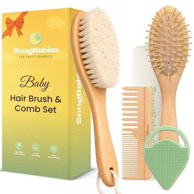 Baby Hair Brush & Comb Set for Newborns - Gentle Goat-Hair & Bamboo Bristle