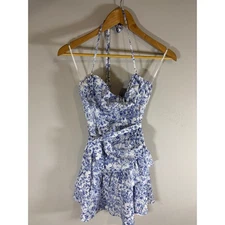 Blue White Floral Halter Neck Ruffle Mini Dress Summer Party Occasion XXS