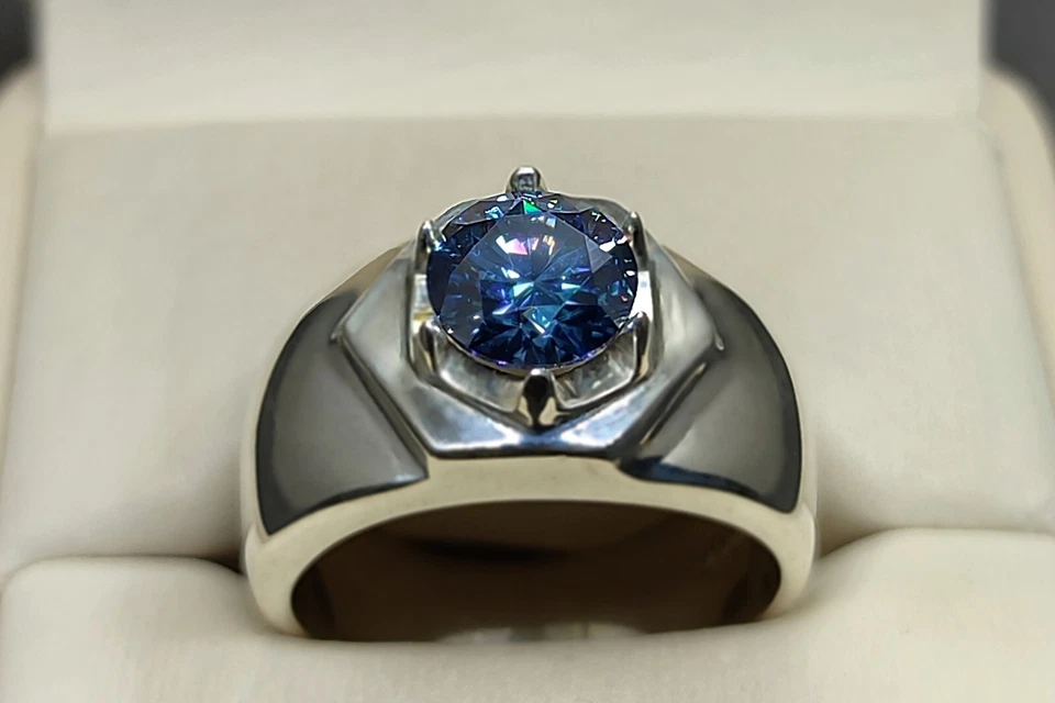 Round Cut Rare 2 Ct Deep Blue Moissanite Diamond 925 Silver Mens Star Shape Ring - Image 3 of 4